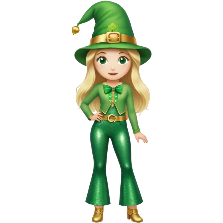 Blonde haired girl in glittery green bell bottoms and tall leprechaun hat emoji
