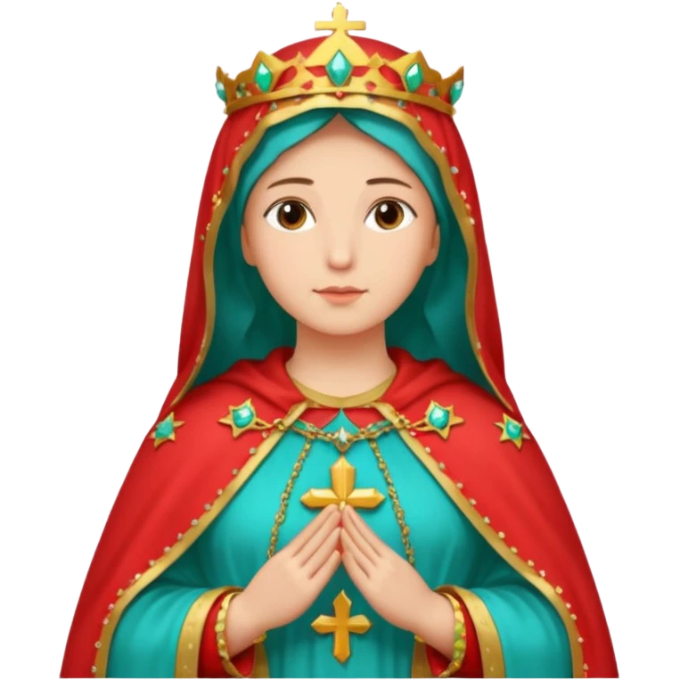virgen maria catolica con vestido rossa, coral y manto verde turquesa y pequeñas estrellas doradas, dispersas por el manto, muchas estrellas en su manto.con las manos juntas emoji