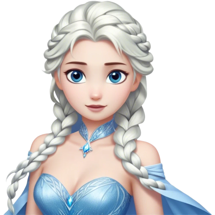 Cinematic Stunning Elsa Portrait Emoji, Ice-blue gown shimmering, platinum hair flowing in a graceful braid, piercing blue eyes glowing with icy magic, an aura of regal power and breathtaking beauty, frozen elegance at its finest! emoji