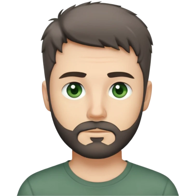 white man with dark messy short hair, dark green eyes, gray t-shirt, and short beard emoji