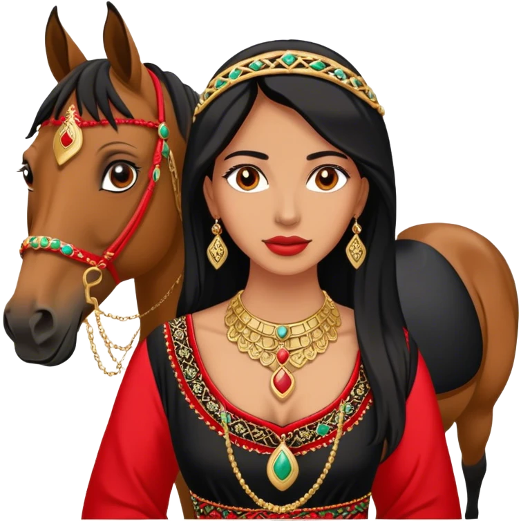 A woman in a Arab black and red embroidered dress poses beside a horse, wearing gold necklace  emoji