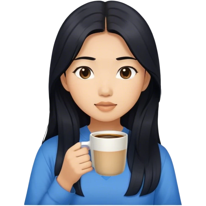 asian girl with black long hair and blue shirt drinking coffee emoji