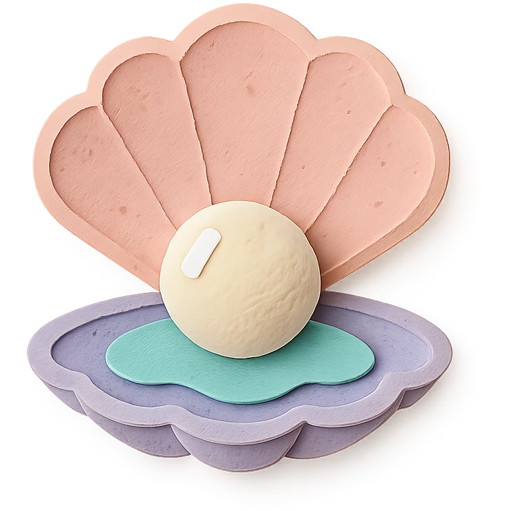 illustration of a clam shell open with a shiny pearl inside, soft pastel colors, paper-craft style emoji