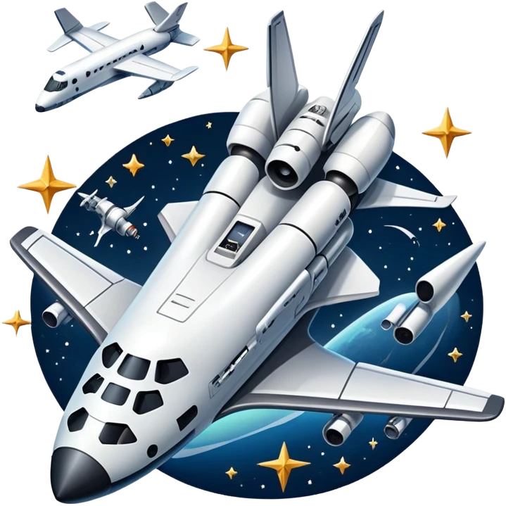 An icon featuring a space shuttle, a drone, and an airplane against a starry sky, symbolizing aerospace technology. The design includes rocket boosters and satellite orbits, representing the exploration of space and advanced aviation. Transparent background emoji