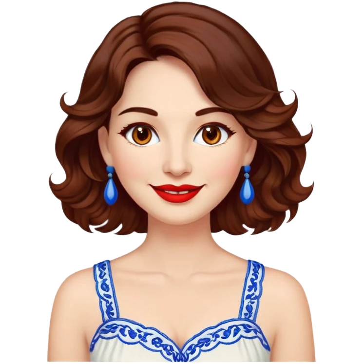 Artistic woman in her 40s with bright complexion, round face, big lively light brown eyes, wide friendly smile, vibrant red lips, voluminous wavy dark brown hair to shoulders, white summery dress with blue embroidery and electric blue neckline emoji