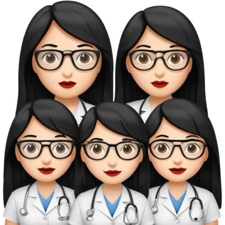 Genera emogis de 4 cuatro enfermeras de cabello negro largo, entre ellas que una tenga lentes y otra un lunar encima de los labios emoji