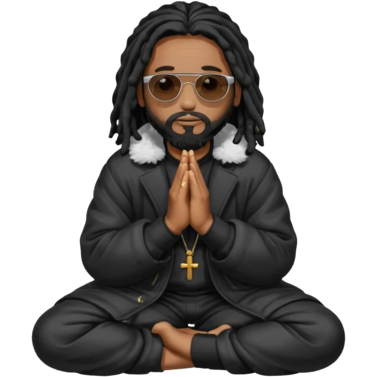African American man with shoulder length black dreadlocks with black beard wearing black sunglasses wearing a black bubble winter coat praying on knees emoji