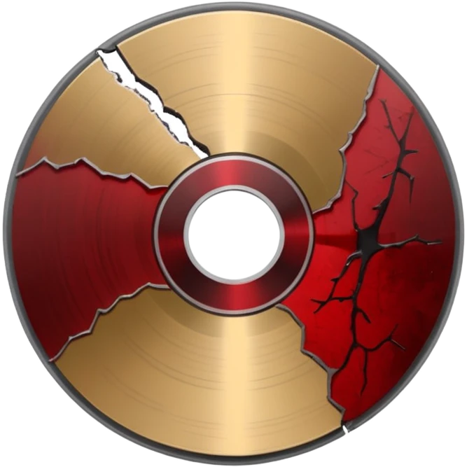 Minimalist emoji-style sticker of a single CD with a sharp crack and a dried blood spot. View from above, black, gray, and muted red.
 emoji