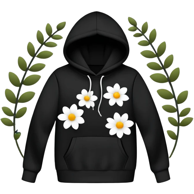 The BLACK Hoodie features a black base with distinctive white and black  open flower spots with empty space in the middle, These hollow ring-like patterns are scattered across. BLACK AND WHITE FLOWERS SPACED OUT FLOWERS, AND ONLY A FEW FLOWERS AND NO DOTS, NO VINES, NO LEAVES emoji