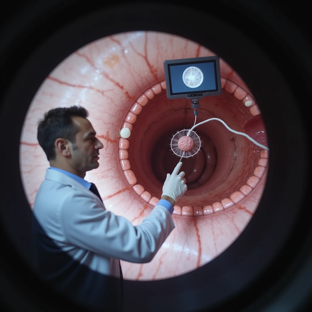 realistic colonoscopy on adult man, monitor showing small polyp removed with snare, doctor in white coat pointing to suspicious area, clinical setting emoji