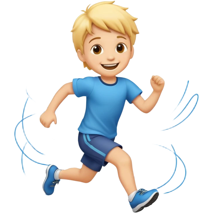 child running with a big smile, cheerful and energetic, motion lines to show action emoji