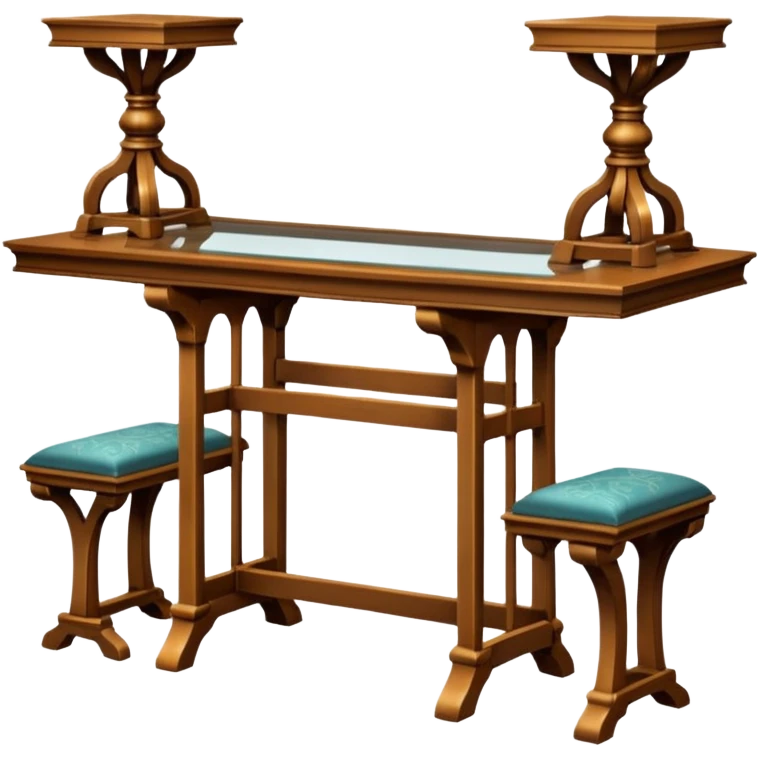 A glass topped rectangular trestle table with 2 benches on the long sides and 2 thrones at the ends emoji