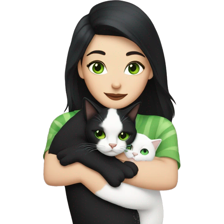 A white woman with black hair and green eyes hugs a black cat with a stripe on her face emoji