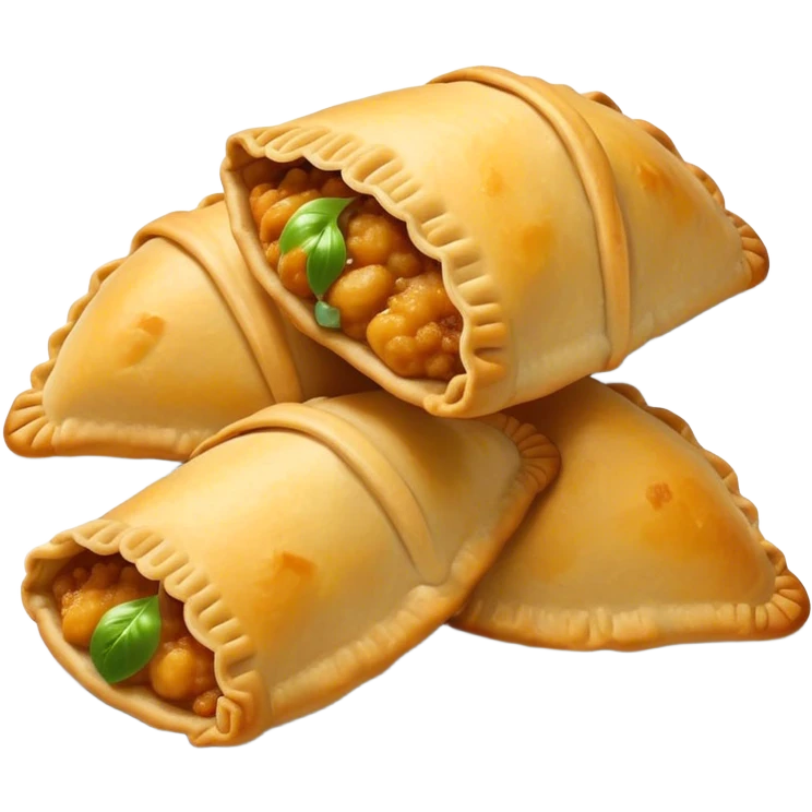 Empanadas Cinematic Realistic Empanadas Dish Emoji, depicted as crispy, golden empanadas made with cornmeal and filled with savory ingredients, rendered with rich textures and vibrant, appetizing lighting. emoji