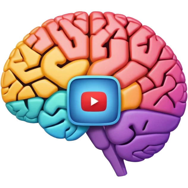 Stylized brain illustration with YouTube logo elements integrated, neural network nodes forming play button shape, digital art style, vibrant color palette, professional icon design, square format emoji