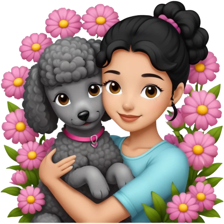 A beautiful girl with black ponytail happily hugs a gray poodle in the flowers emoji