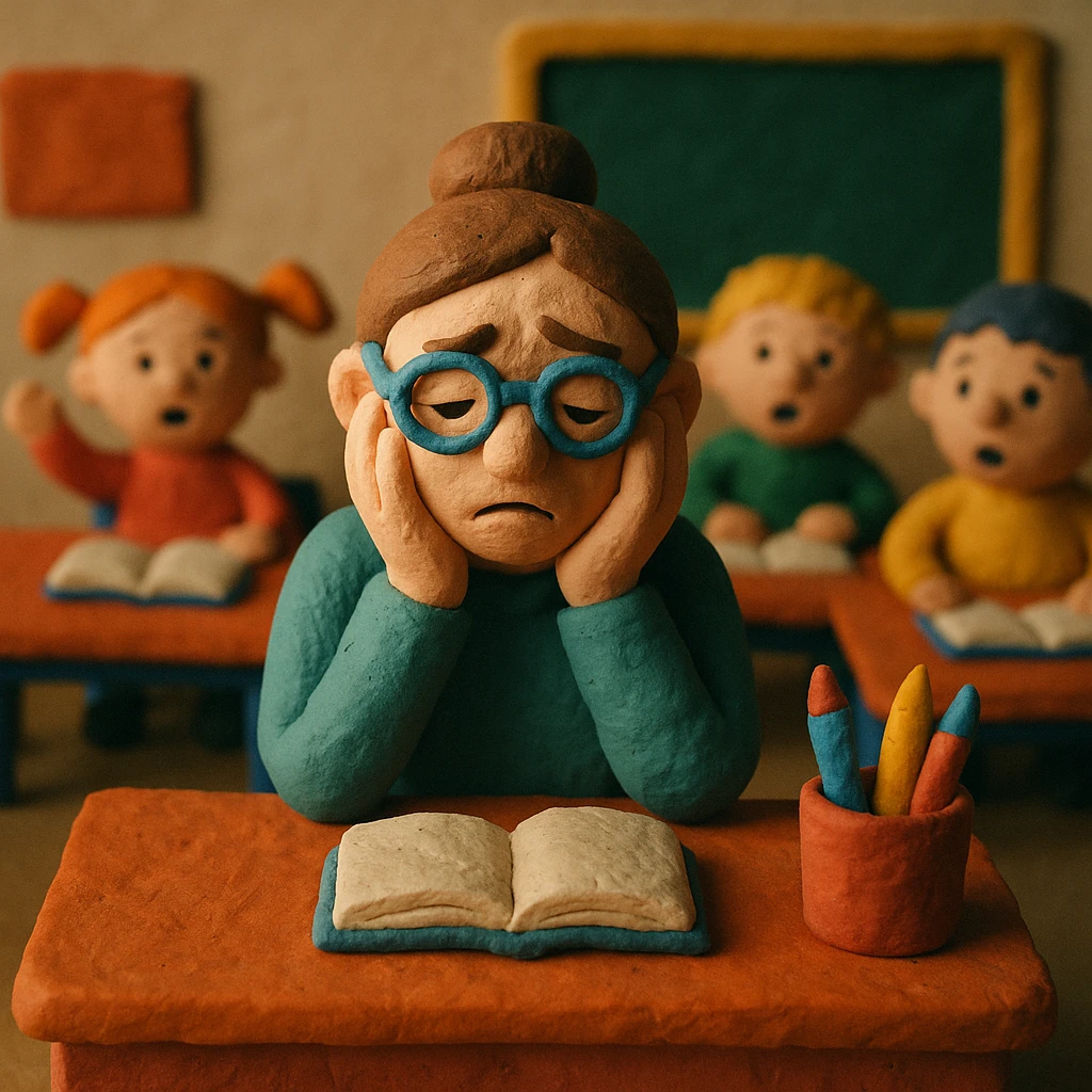 exhausted teacher in a bustling classroom emoji