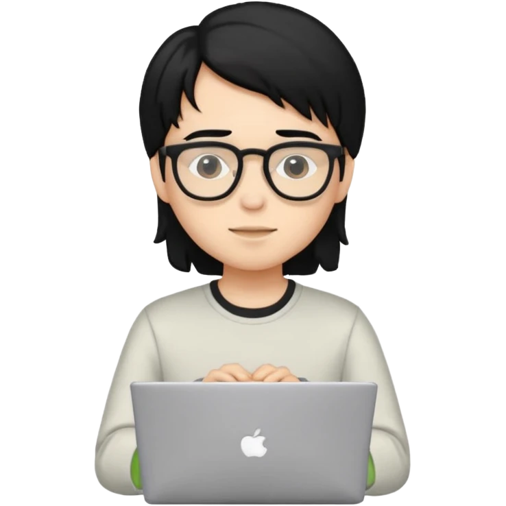 un estudiante con lentes y su laptop CON CAMISA MANGA LARGA Y CABELLO NEGRO emoji