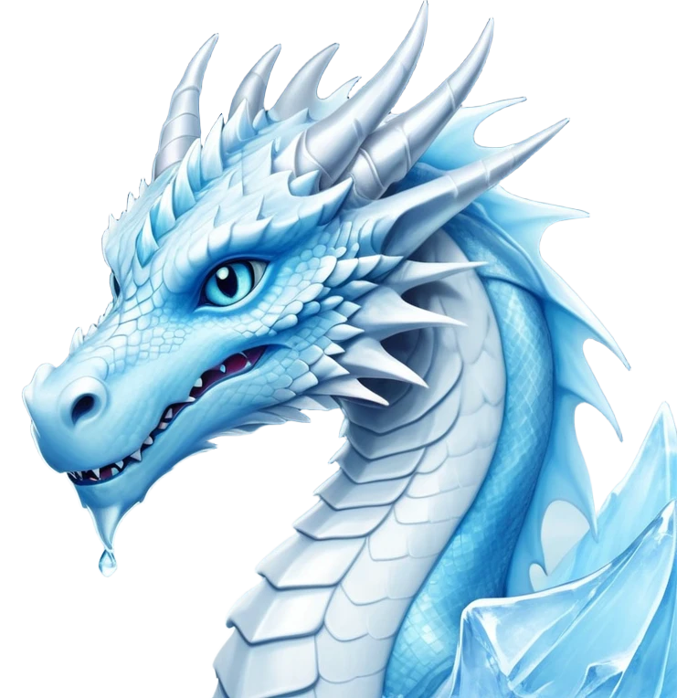 Cinematic Noble wise elegant Ice Dragon Portrait Emoji, Poised and imposing, distinct long elegant snout, with a slender, scaled body shimmering in glacial hues of icy blue, frostbitten silver, and crystalline white, breathing out frost, with piercing, glowing ice blue white eyes that radiate the chilling depths of an arctic storm; rendered in detail. excuding wisdom emoji