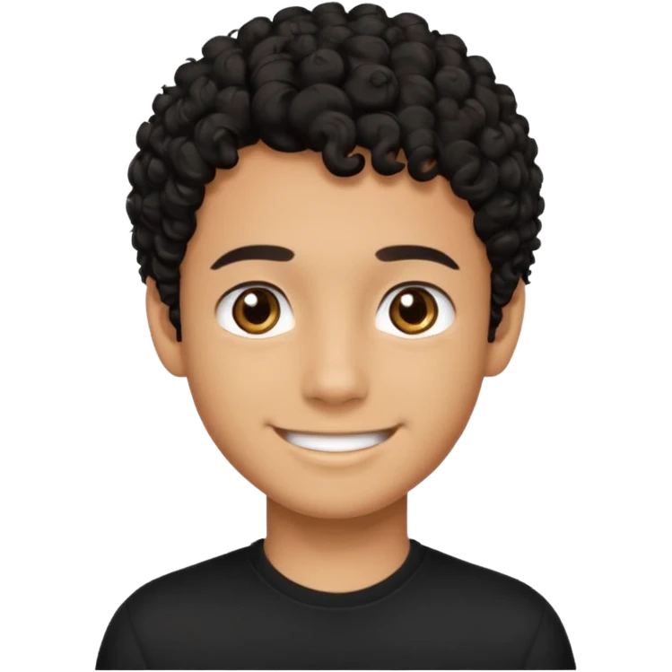 Un adolecente con camisa negra, pelo rizo pelo corto y negro y de color canela sonriendo emoji