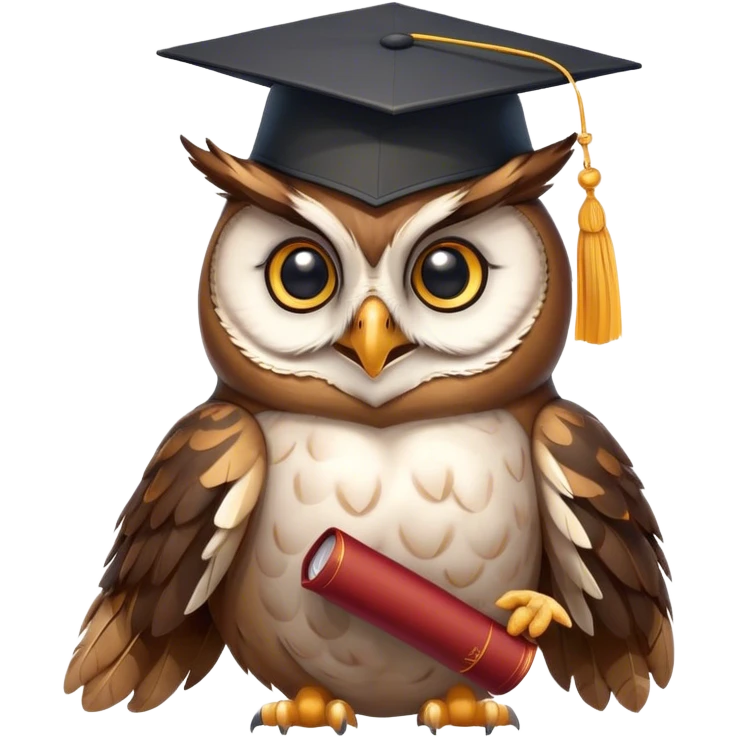 Owl smiling with graduation hat and diploma in claws emoji