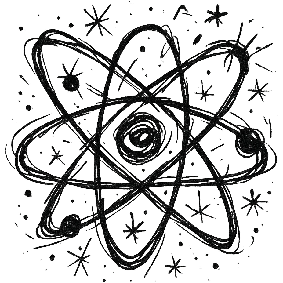 atomic symbol, black and white, chaotic outlined icon emoji