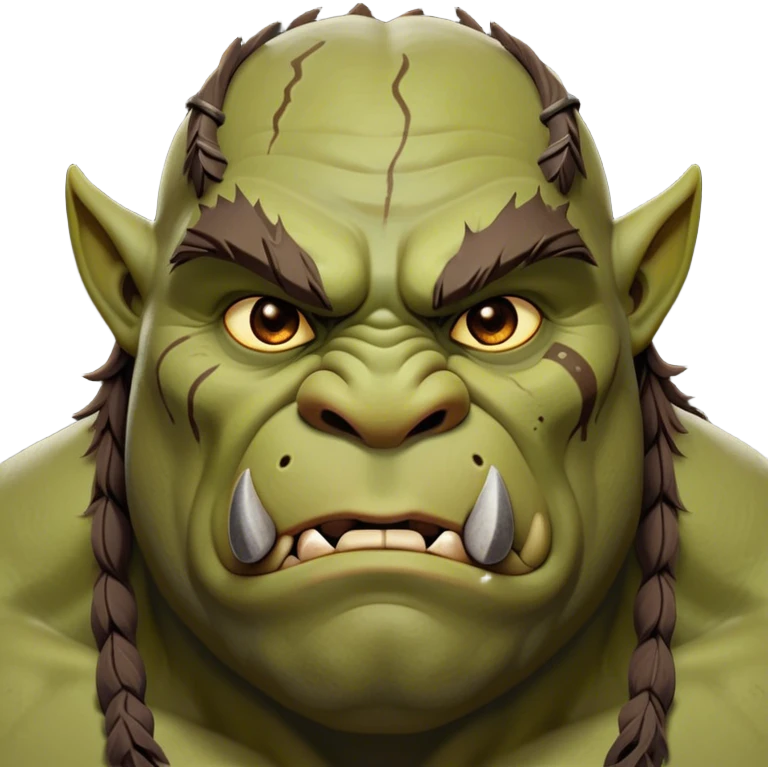 Cinematic Noble Ogre Portrait Emoji, Majestic and imposing, with a rugged, muscular form in deep earthy greens and browns, adorned with battle scars and subtle tribal markings, exuding calm, noble strength and unexpected wisdom, simplified yet strikingly detailed, glowing with a shadowy outline that captures the essence of a gentle giant with fierce heart! emoji