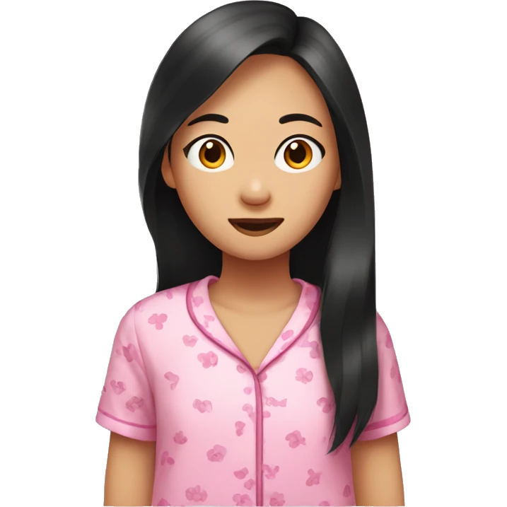 Asian girl with dark long hair wearing pink pajamas at a sleepover emoji