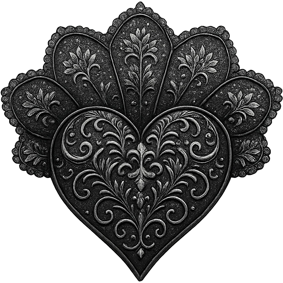 gothic style heart in black and silver with a lace fan emoji