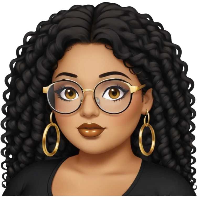 big plus size, latina, darker tan skin, gold hoops, long black curly hair, baddie,pretty, makeup, lipgloss, black eyeliner, long hair, black top, black glasses emoji