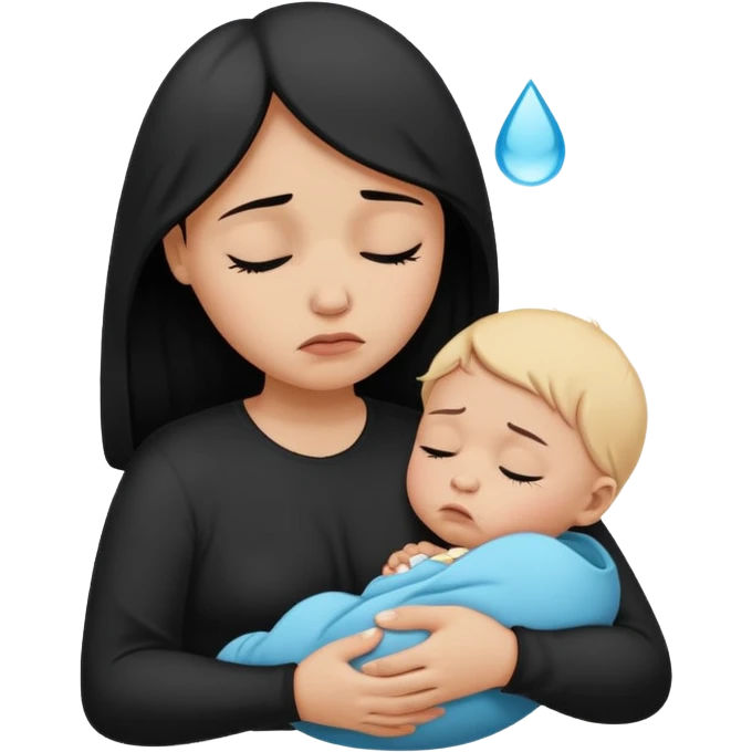 Minimalistic flat vector icon, iOS style, thin black contour on white background. Silhouette of a sad mother holding a baby, small tear drop. Clean, no text, no shadows emoji