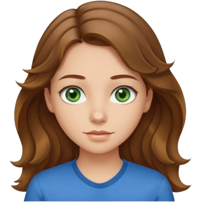 girl with brown hair, green eyes with a blue shirt no background ,young with wavy hair long brown hair with tiny blonde highlights emoji
