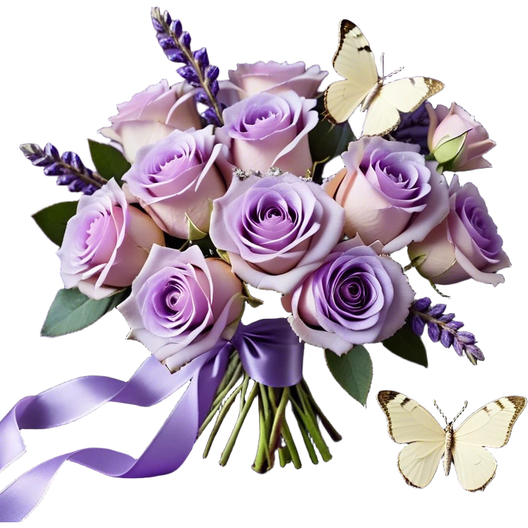 An artistic flat lay composition featuring a bouquet of soft light violet Ascott tea roses with dewdrops glistening on their petals, set against a velvety deep purple background. A delicate lavender butterfly, with translucent wings shimmering in soft light, flutters nearby. A luxurious ivory silk ribbon flows through the arrangement, its texture smooth and refined. Beside it, a beautifully crafted vintage-style perfume bottle in an iridescent pearl color, embellished with intricate floral engravings, completes the enchanting aesthetic emoji