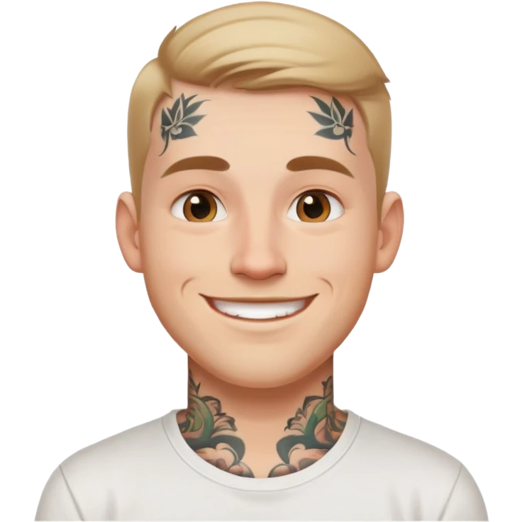 white man with small face tattoo, smiling, wearing a white t-shirt emoji