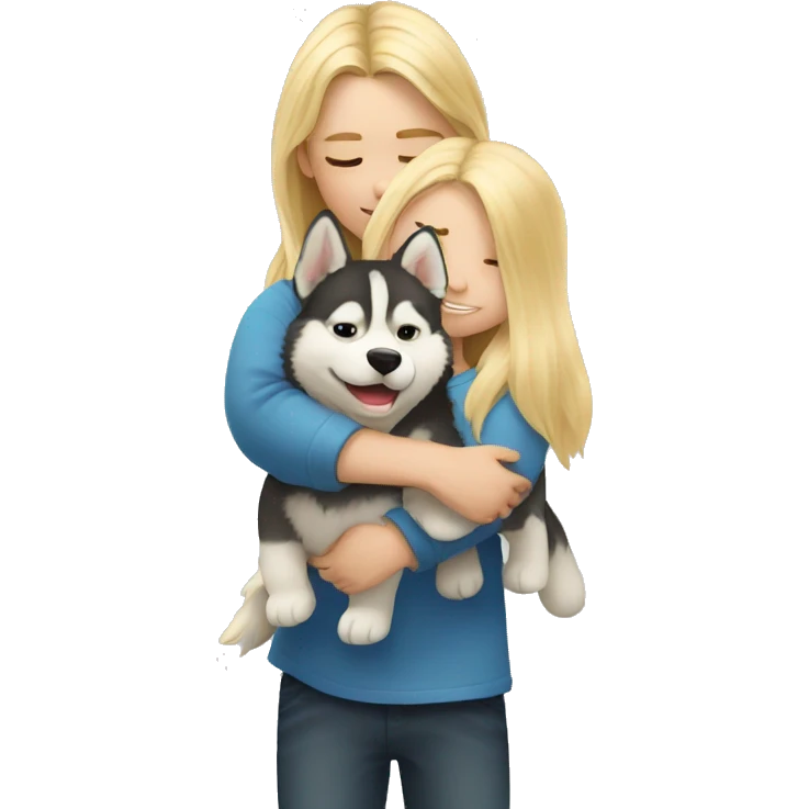 blond kid with long hair is hugging husky  emoji