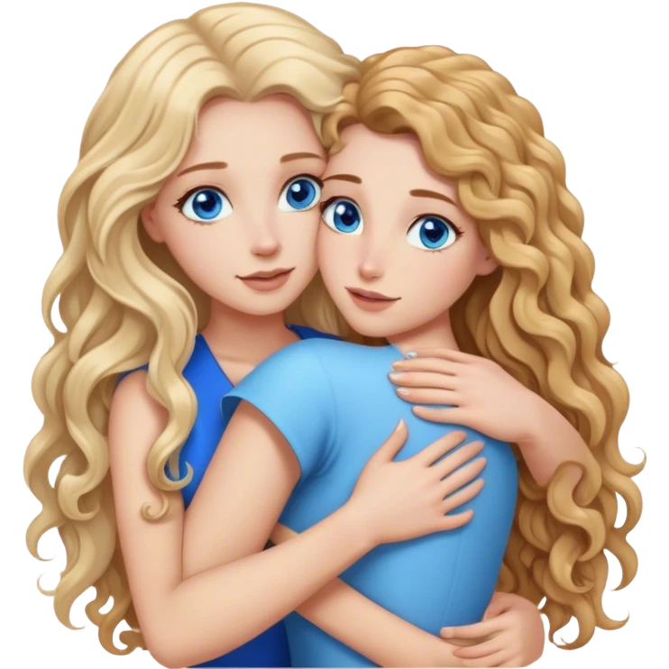 beautiful woman with long curly blonde hair and blue eyes, hugging beautiful woman with long straight brown hair emoji