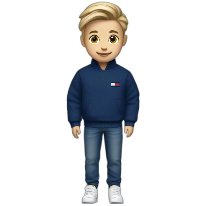 A child that is white with a dark blue tommy hilfiger sweater with a dark blue jean and adidas shoes emoji
