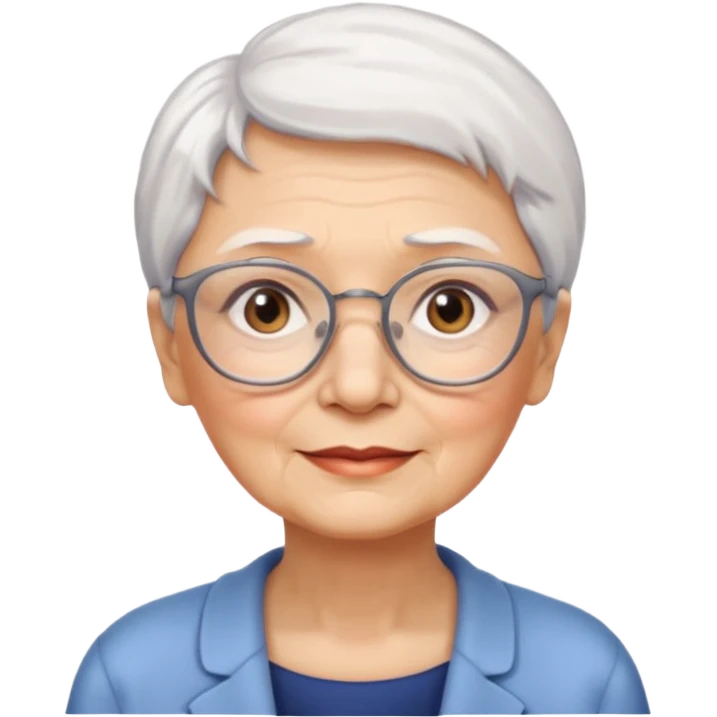 Create me emoji of an old lady. Short white hair to left side. Square glasses. Brown eyes. Rounded bigger face emoji