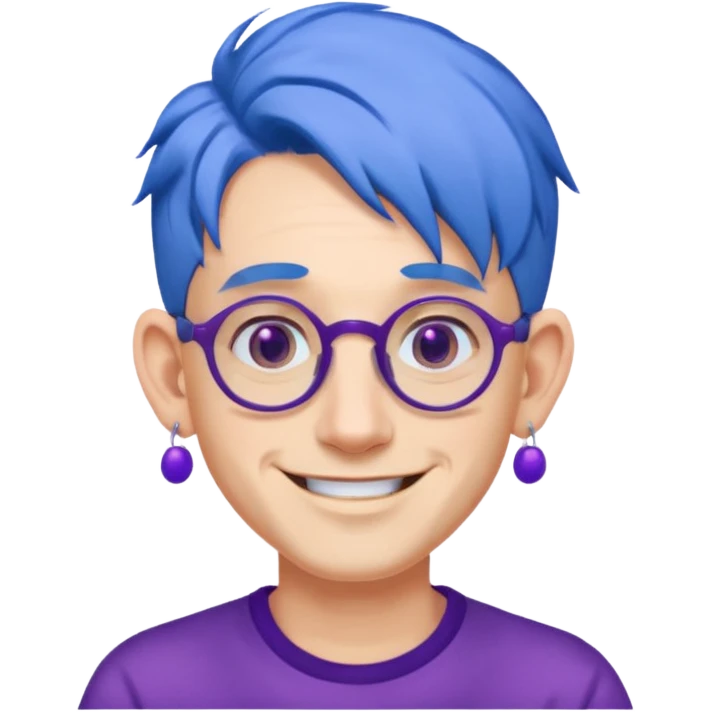 blue haired man mid length with big ears and purple earrings and spectaclesi happy emoji