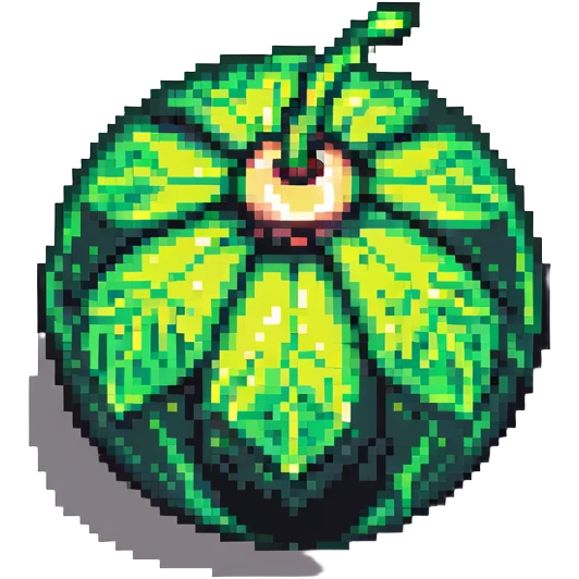 Green digital bomb animation frame 3, round bomb body with green highlights, very short leaf-shaped fuse at top, brighter green glow, nature-inspired design, pixel art style emoji