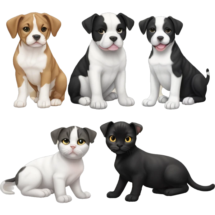 Black and white English staffordshire puppy full body and black cat and tabby cat emoji