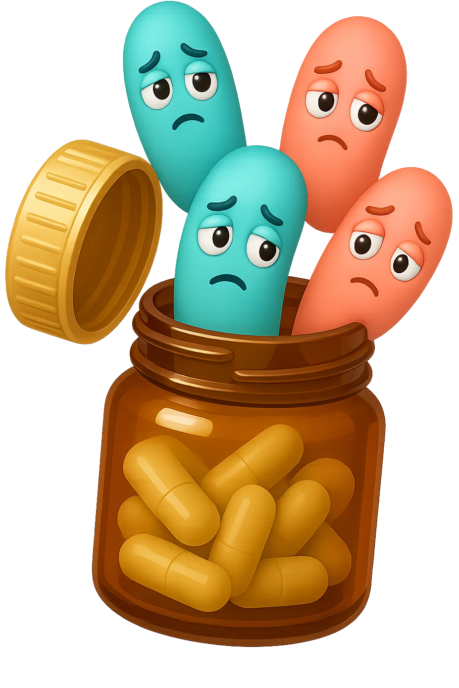 EMOJI STILE IPHONE DI UN barattolo di PROBIOTICI APERTO DA CUI ALL'INTERNO ESCONO BATTERI INTESTINALI TURCHESI E ROSA SALMONE CON ESPRESSIONE DUBBIOSA IN VOLTO, IPERREALISTICO 4K emoji
