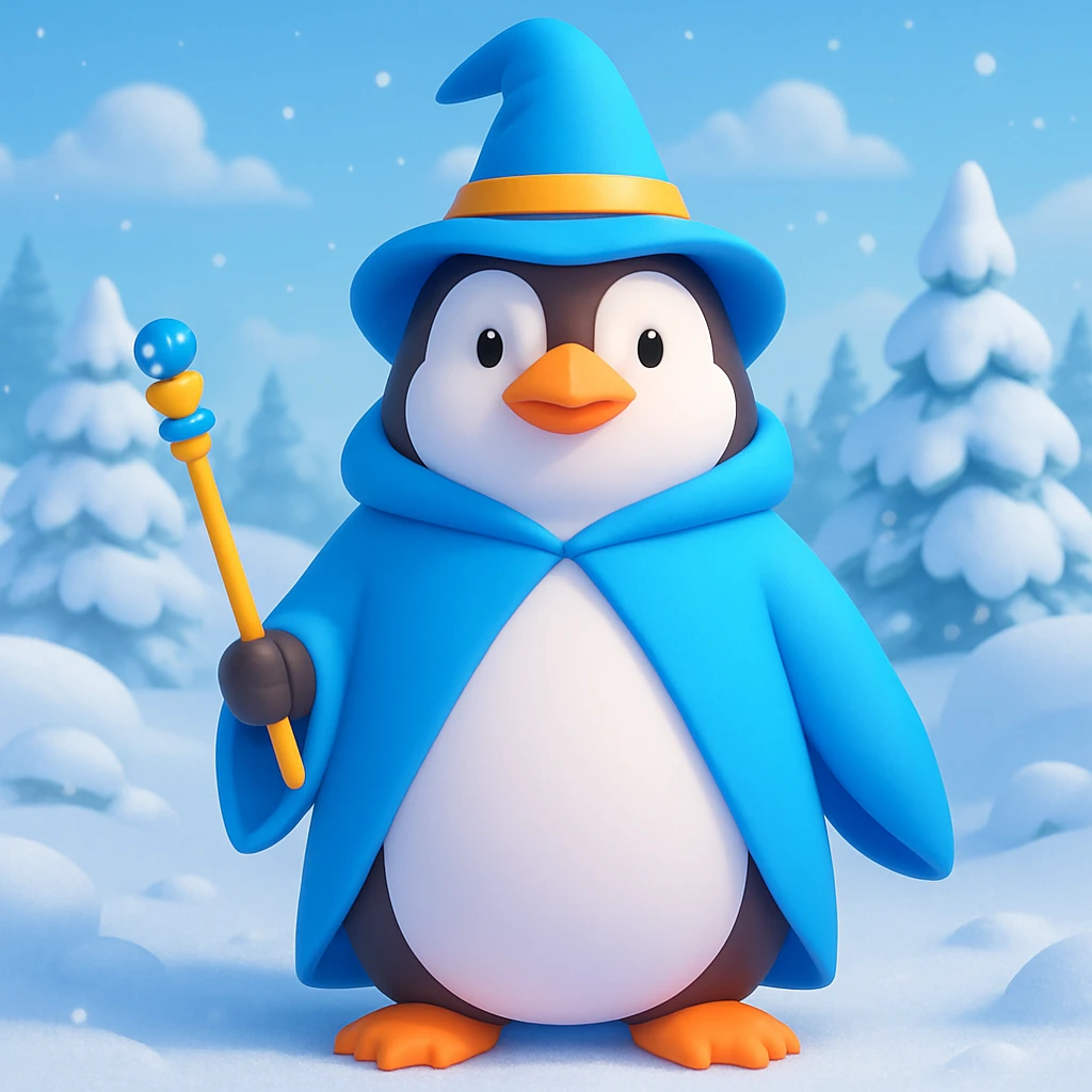 Add a snowy landscape background behind the 3D emoji style penguin wizard, keep all original colors and style. Make it 3D emoji style. emoji