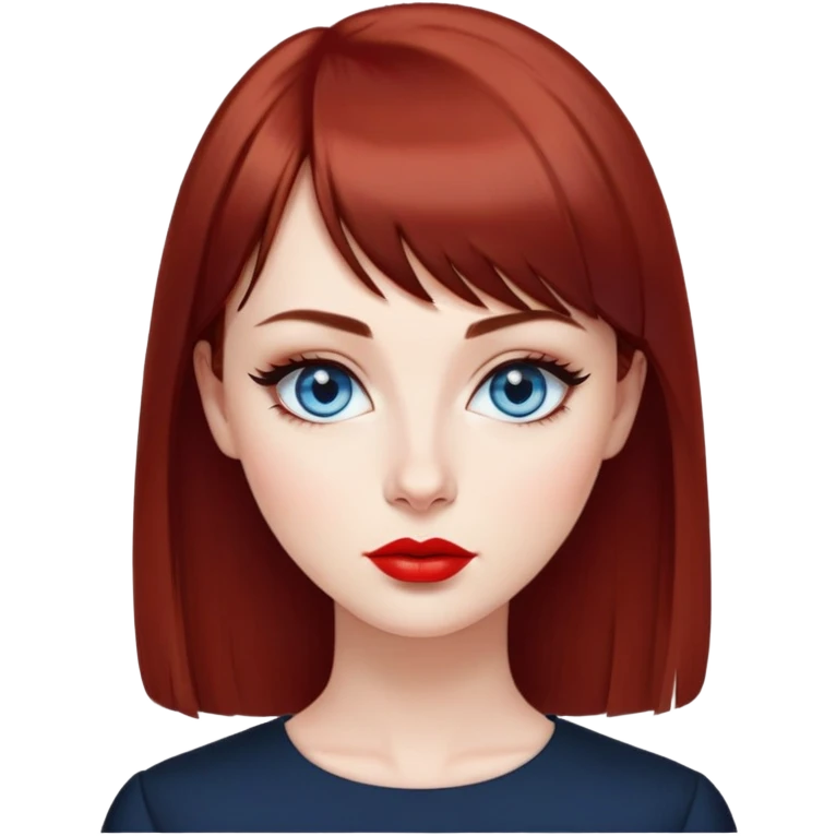 Creative woman with fair skin, oval face, striking blue eyes with dark eyeliner, thin eyebrows, small nose, full lips with bright red lipstick, dark auburn hair with straight bangs, wearing an elegant black blouse, artistic expression emoji
