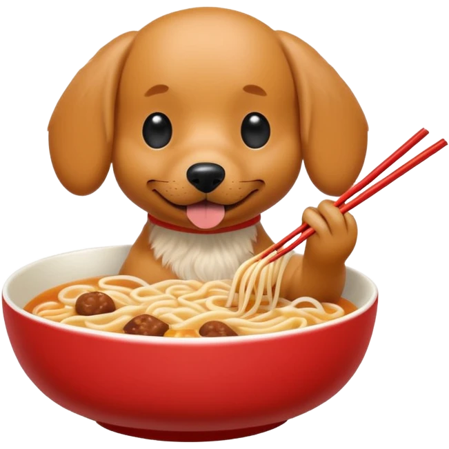 retro arcade style weenie dog eating ramen noodles out of bowl with chopsticks emoji