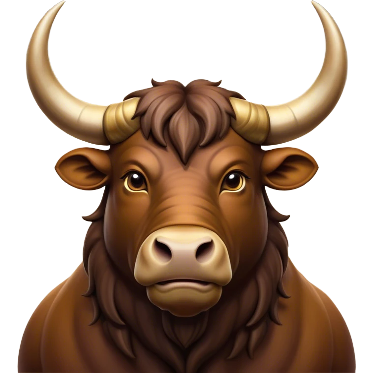 Cinematic Noble Domestic Ox Portrait Emoji, Poised and stalwart, with a massive, muscular build and a thick, smooth hide in deep earthy tones, prominent, curved horns, and steady, soulful eyes, Simplified yet sharp and sophisticated features, highly detailed, glowing with a warm, dignified glow, high shine, intelligent and dependable, stylized with an air of timeless strength, focused and attentive, soft glowing outline, capturing the essence of a watchful and confident ox that feels as though it could plod out of the screen with effortless authority! emoji