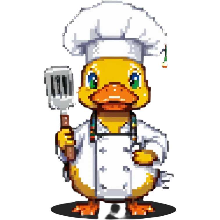an interesting duck holding a spatula and wearing a chef's hat, thinking about what to eat today emoji