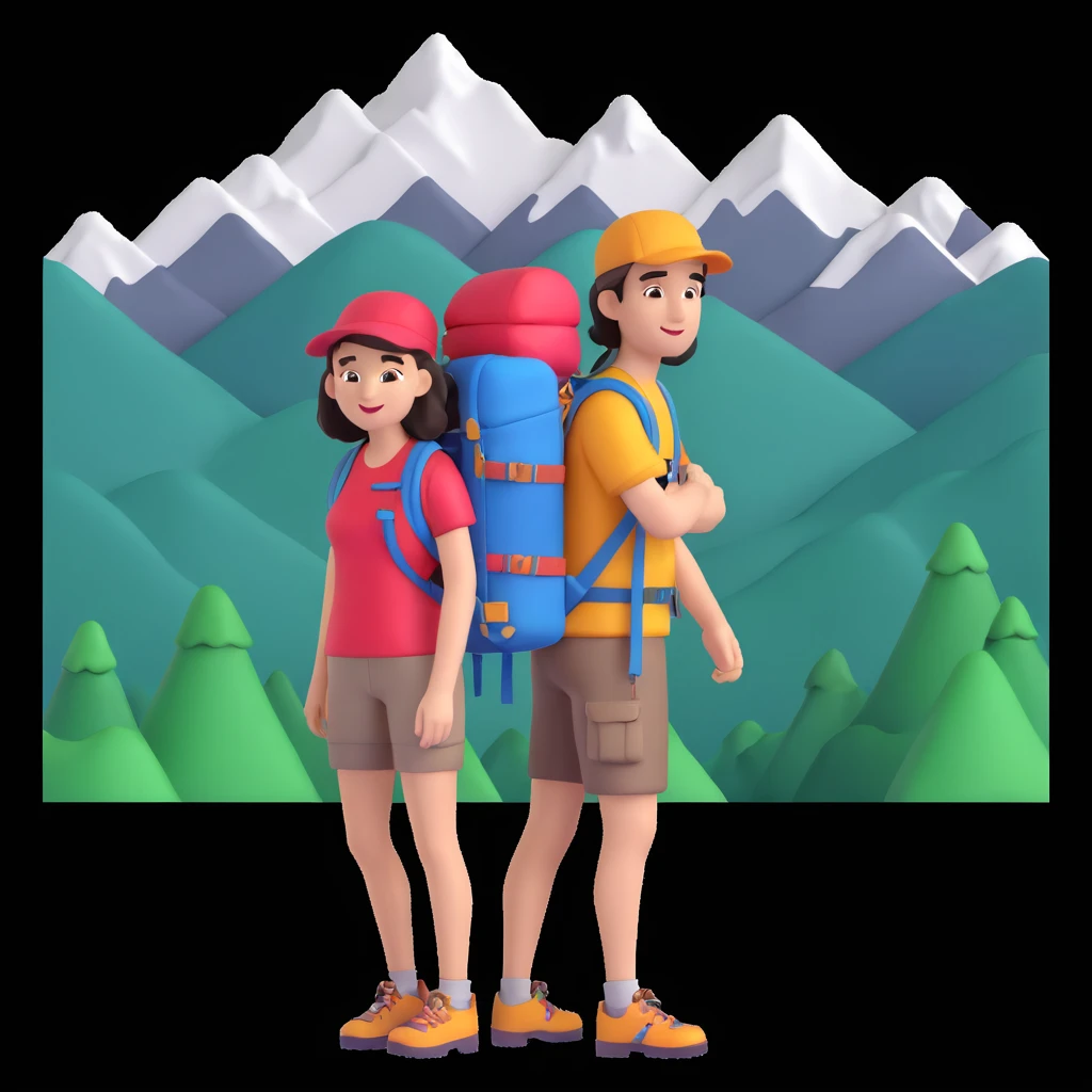 back packer couple posing, mountains in background,   close up pose emoji