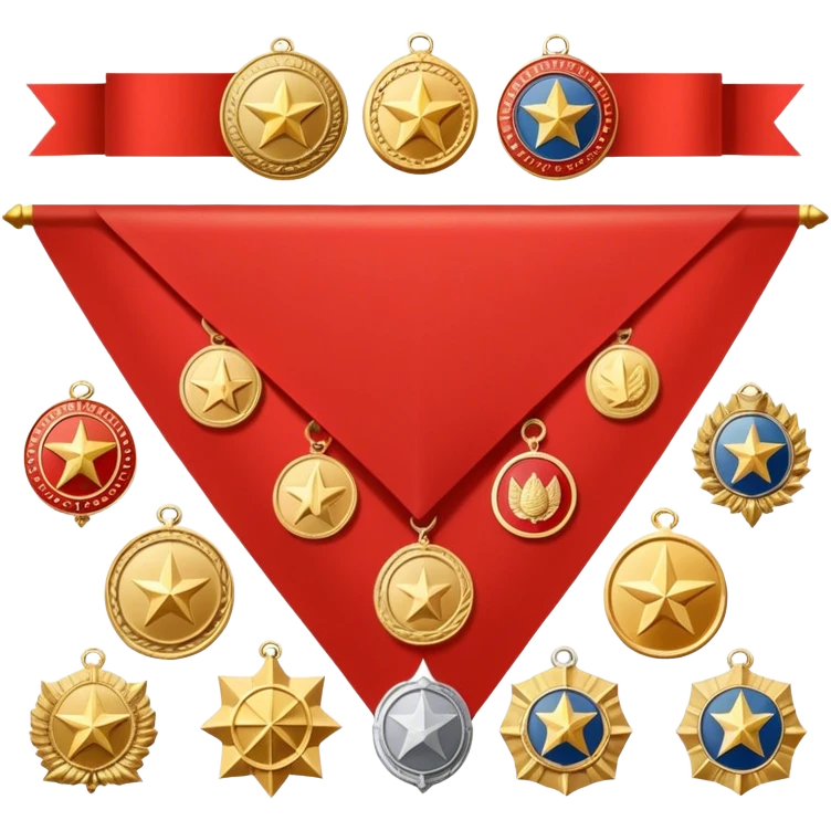 Icon for Collecting Orders, Medals & Badges: a variety of vintage orders, medals and badges, displayed neatly on a big red pennant or in a display case. The icon should reflect the honor and historical significance of these collectible items. Transparent background. emoji
