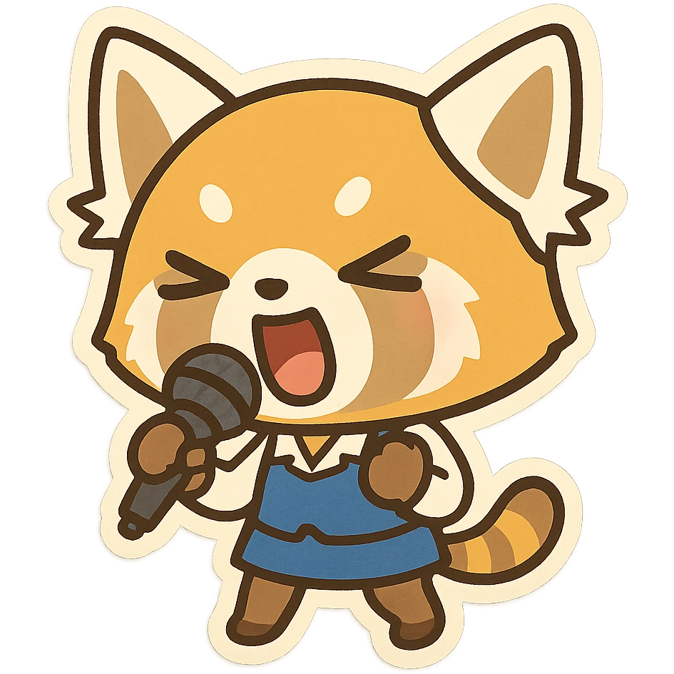 Aggretsuko red panda, chibi style, holding a microphone, singing emoji